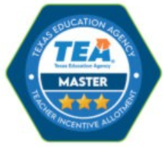 Hexagonal badge with "Texas Education Agency" and "Teacher Incentive Allotment" text. Center reads "Master" above three gold stars, symbolizing achievement.